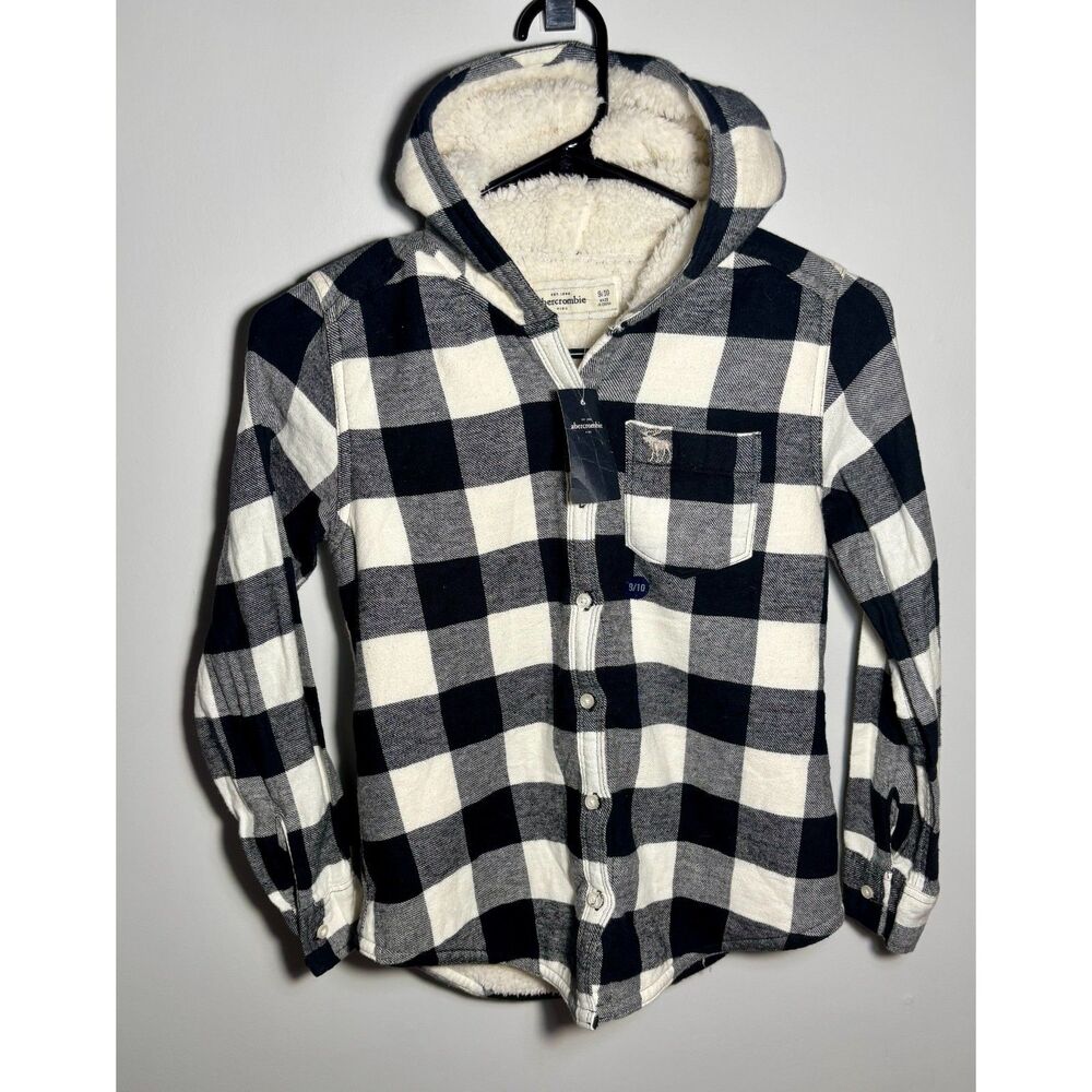 Abercrombie Kids Sherpa Lined Plaid Hooded Shirt Black White Check NWT 9/10
